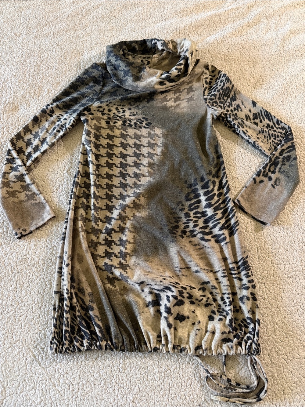 Renee C. Beige and Black and Gold Shimmer Mixed Print Cowl Neck Midi Dress M